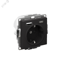 РОЗЕТКА 16А c 2 USB A+С, мех, КАРБОН