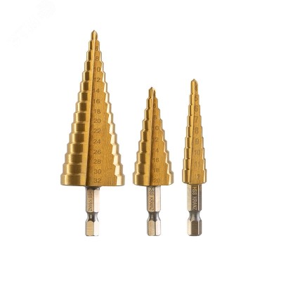 Набор ступенчатых сверл, 4-12,4-20,4-32 мм, HSS-TiN, ТИТАН, 3 шт.