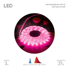Лента светодиодная для растений с адаптером 12V FITO-Strip Light-RB-27W-3m-12V-IP65 красно-синего спектра 3м IP65 GREEN LINE