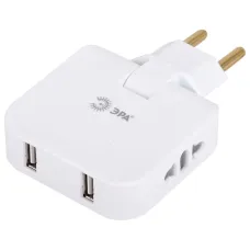 Разветвитель электрический ЭРА SPF-2-FL-USB поворотный на 2 розетки + 2USB 10А белый