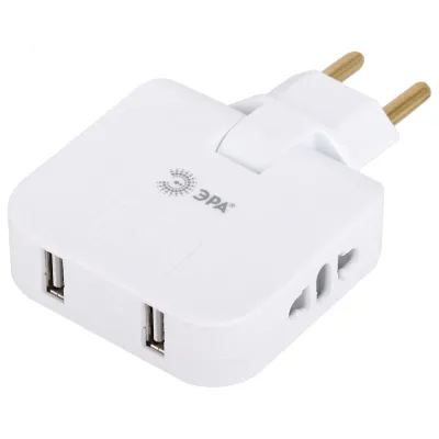 Разветвитель электрический ЭРА SPF-2-FL-USB поворотный на 2 розетки + 2USB 10А белый