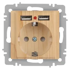 Розетка Intro Accent 6-410-11 , P+E Schuko со шторками, 16А-250В + 2хUSB, IP20, СУ, сосна