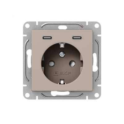 Механизм розетки с USB-C - 2шт  16А  с заземлением  со шторками  кремовый Эпика EKF