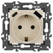 Розетка ЭРА Elegance 14-4108-02 2P+E 16A-250В со шторками с USB type-A+C 5В-3А слоновая кость