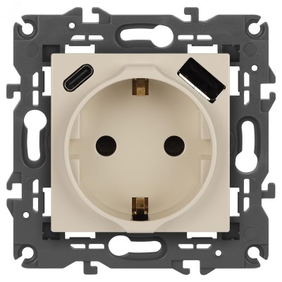 Розетка ЭРА Elegance 14-4108-02 2P+E 16A-250В со шторками с USB type-A+C 5В-3А слоновая кость
