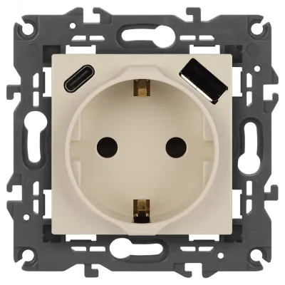 Розетка ЭРА Elegance 14-4108-02 2P+E 16A-250В со шторками с USB type-A+C 5В-3А слоновая кость