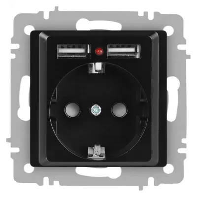 Розетка Intro Accent 6-410-05 , P+E Schuko со шторками, 16А-250В + 2хUSB, IP20, СУ, антрацит