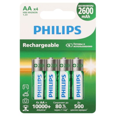 Аккумулятор NiMH никель-металлгидридный HR6-4BL 2600mAh Philips R6B4RTU260/51 АА 1,2v