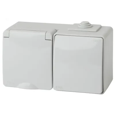 11-7601-03 ЭРА Блок розетка+выкл. гориз. IP65, 16A(10AX)-250В, ОУ, Эра Эксперт, серый (5/50/1000)