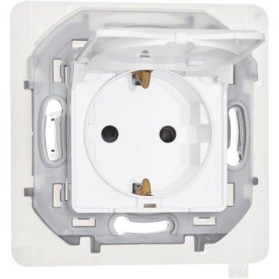 Розетка 1-местная с заземлением с защитными шторками и крышкой 16А IP44 белый INSPIRIA