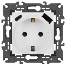 Розетка ЭРА Elegance 14-4108-01М 2P+E 16A-250В со шторками с USB type-A+C 5В-3А белый матовый