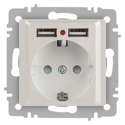Розетка Intro Accent 6-410-06 , P+E Schuko со шторками, 16А-250В + 2хUSB, IP20, СУ, перламутр