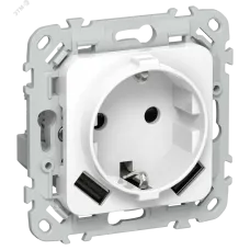 FLITE Розетка 1-местная с заземлением с защитными шторками 16А с USB A+A 3,1А безвинтовое крепление РСЮша11-1-ФлБ белый IEK