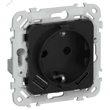 FLITE Розетка 1-местная с заземлением с защитными шторками 16А с USB A+A 3,1А безвинтовое крепление РСЮша11-1-ФлЧ черный IEK