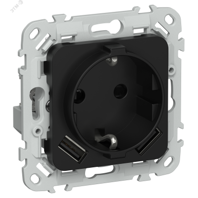 FLITE Розетка 1-местная с заземлением с защитными шторками 16А с USB A+A 3,1А безвинтовое крепление РСЮша11-1-ФлЧ черный IEK