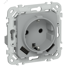 FLITE Розетка 1-местная с заземлением с защитными шторками 16А с USB A+A 3,1А безвинтовое крепление РСЮша11-1-ФлС серый IEK