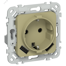 FLITE Розетка 1-местная с заземлением с защитными шторками 16А с USB A+A 3,1А безвинтовое крепление РСЮша11-1-ФлО оливковый IEK
