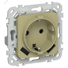 FLITE Розетка 1-местная с заземлением с защитными шторками 16А с USB A+A 3,1А безвинтовое крепление РСЮша11-1-ФлО оливковый IEK