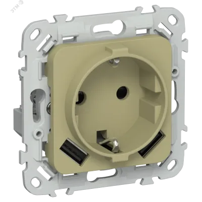 FLITE Розетка 1-местная с заземлением с защитными шторками 16А с USB A+A 3,1А безвинтовое крепление РСЮша11-1-ФлО оливковый IEK