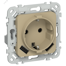 FLITE Розетка 1-местная с заземлением с защитными шторками 16А с USB A+A 3,1А безвинтовое крепление РСЮша11-1-ФлХ хаки IEK