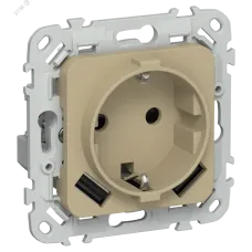 FLITE Розетка 1-местная с заземлением с защитными шторками 16А с USB A+A 3,1А безвинтовое крепление РСЮша11-1-ФлХ хаки IEK