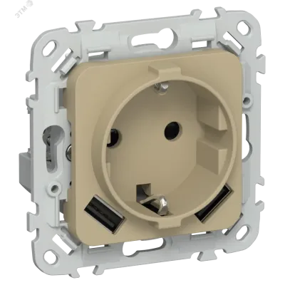 FLITE Розетка 1-местная с заземлением с защитными шторками 16А с USB A+A 3,1А безвинтовое крепление РСЮша11-1-ФлХ хаки IEK