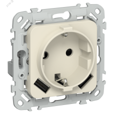 FLITE Розетка 1-местная с заземлением с защитными шторками 16А с USB A+A 3,1А безвинтовое крепление РСЮша11-1-ФлСл сливочный IEK