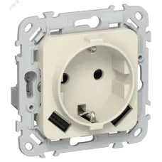 FLITE Розетка 1-местная с заземлением с защитными шторками 16А с USB A+A 3,1А безвинтовое крепление РСЮша11-1-ФлСл сливочный IEK