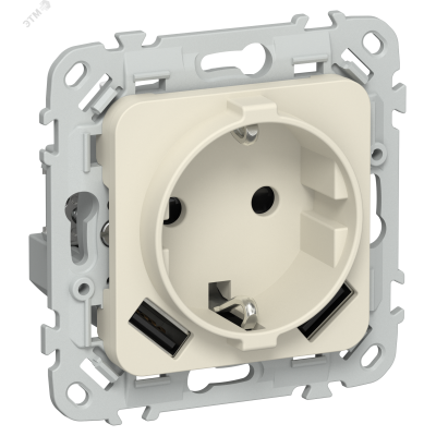 FLITE Розетка 1-местная с заземлением с защитными шторками 16А с USB A+A 3,1А безвинтовое крепление РСЮша11-1-ФлСл сливочный IEK