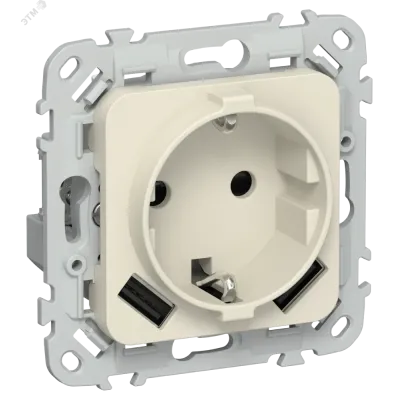 FLITE Розетка 1-местная с заземлением с защитными шторками 16А с USB A+A 3,1А безвинтовое крепление РСЮша11-1-ФлСл сливочный IEK