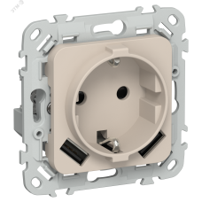 FLITE Розетка 1-местная с заземлением с защитными шторками 16А с USB A+A 3,1А безвинтовое крепление РСЮша11-1-ФлЛ льняной IEK