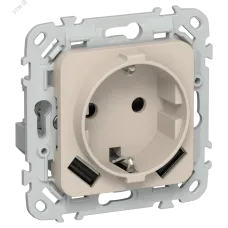 FLITE Розетка 1-местная с заземлением с защитными шторками 16А с USB A+A 3,1А безвинтовое крепление РСЮша11-1-ФлЛ льняной IEK