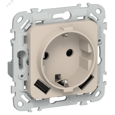 FLITE Розетка 1-местная с заземлением с защитными шторками 16А с USB A+A 3,1А безвинтовое крепление РСЮша11-1-ФлЛ льняной IEK