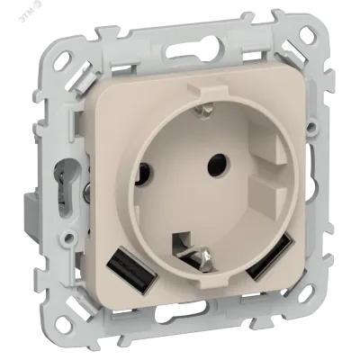 FLITE Розетка 1-местная с заземлением с защитными шторками 16А с USB A+A 3,1А безвинтовое крепление РСЮша11-1-ФлЛ льняной IEK