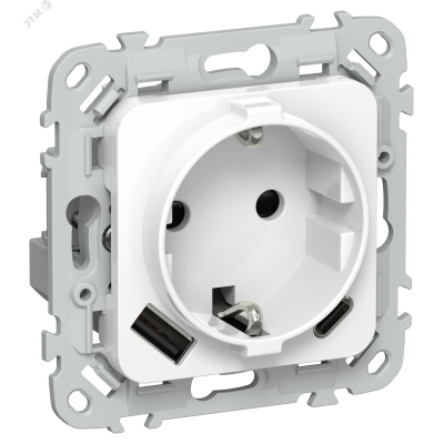 FLITE Розетка 1-местная с заземлением с защитными шторками 16А с USB A+C 20Вт безвинтовое крепление РСЮшс11-1-ФлБ белый IEK