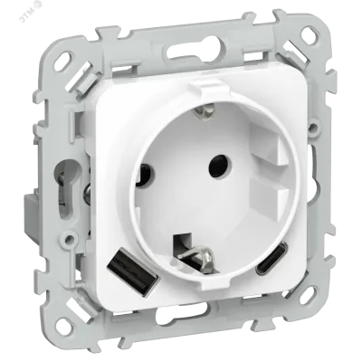FLITE Розетка 1-местная с заземлением с защитными шторками 16А с USB A+C 20Вт безвинтовое крепление РСЮшс11-1-ФлБ белый IEK