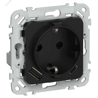 FLITE Розетка 1-местная с заземлением с защитными шторками 16А с USB A+C 20Вт безвинтовое крепление РСЮшс11-1-ФлЧ черный IEK
