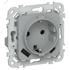 FLITE Розетка 1-местная с заземлением с защитными шторками 16А с USB A+C 20Вт безвинтовое крепление РСЮшс11-1-ФлС серый IEK