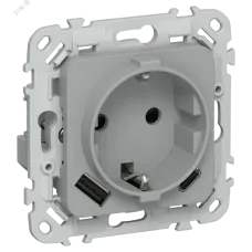FLITE Розетка 1-местная с заземлением с защитными шторками 16А с USB A+C 20Вт безвинтовое крепление РСЮшс11-1-ФлС серый IEK