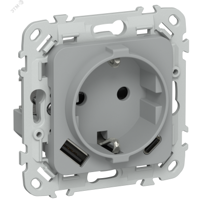 FLITE Розетка 1-местная с заземлением с защитными шторками 16А с USB A+C 20Вт безвинтовое крепление РСЮшс11-1-ФлС серый IEK