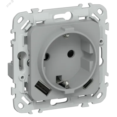 FLITE Розетка 1-местная с заземлением с защитными шторками 16А с USB A+C 20Вт безвинтовое крепление РСЮшс11-1-ФлС серый IEK