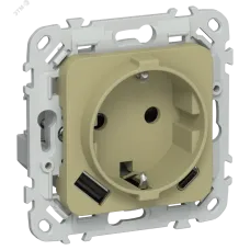 FLITE Розетка 1-местная с заземлением с защитными шторками 16А с USB A+C 20Вт безвинтовое крепление РСЮшс11-1-ФлО оливковый IEK