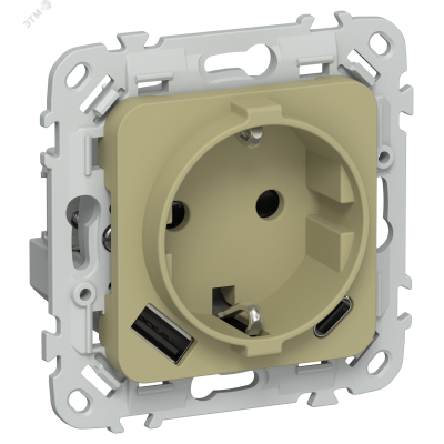 FLITE Розетка 1-местная с заземлением с защитными шторками 16А с USB A+C 20Вт безвинтовое крепление РСЮшс11-1-ФлО оливковый IEK