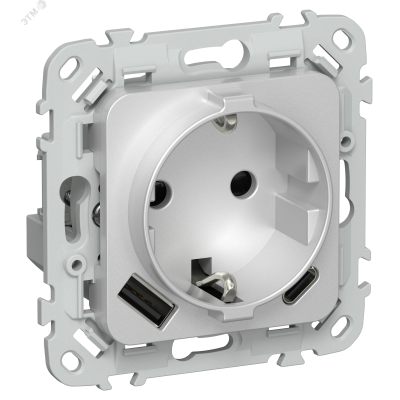 FLITE Розетка 1-местная с заземлением с защитными шторками 16А с USB A+C 20Вт безвинтовое крепление РСЮшс11-1-ФлА алюминий IEK