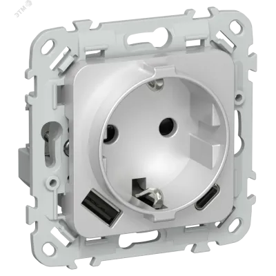 FLITE Розетка 1-местная с заземлением с защитными шторками 16А с USB A+C 20Вт безвинтовое крепление РСЮшс11-1-ФлА алюминий IEK