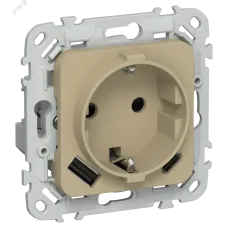 FLITE Розетка 1-местная с заземлением с защитными шторками 16А с USB A+C 20Вт безвинтовое крепление РСЮшс11-1-ФлХ хаки IEK