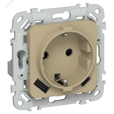 FLITE Розетка 1-местная с заземлением с защитными шторками 16А с USB A+C 20Вт безвинтовое крепление РСЮшс11-1-ФлХ хаки IEK