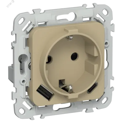 FLITE Розетка 1-местная с заземлением с защитными шторками 16А с USB A+C 20Вт безвинтовое крепление РСЮшс11-1-ФлХ хаки IEK