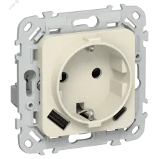 FLITE Розетка 1-местная с заземлением с защитными шторками 16А с USB A+C 20Вт безвинтовое крепление РСЮшс11-1-ФлСл сливочный IEK