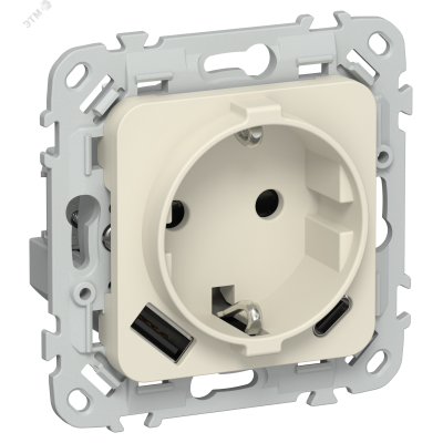 FLITE Розетка 1-местная с заземлением с защитными шторками 16А с USB A+C 20Вт безвинтовое крепление РСЮшс11-1-ФлСл сливочный IEK
